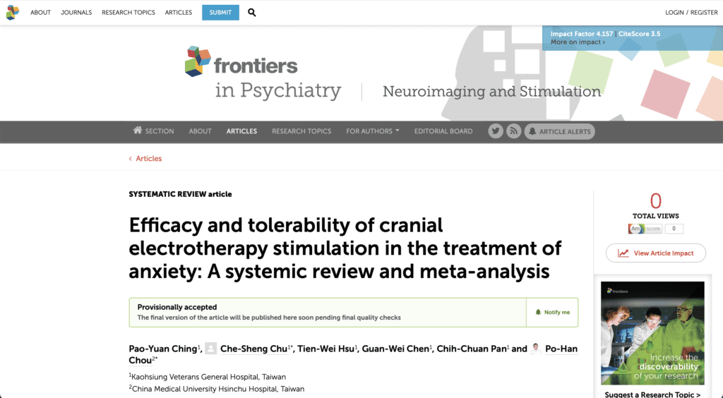 Efficacy and tolerability of cranial electrotherapy stimulation in the treatment of anxiety: A systemic review and meta-analysis